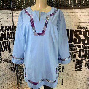 Jeffery Banks L Blue Split Neck Plaid Trim Top